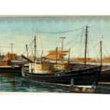 Shirley, Fishing Trawler in Peterhead harbour with Figures painting the sides, oil on canvas, signed