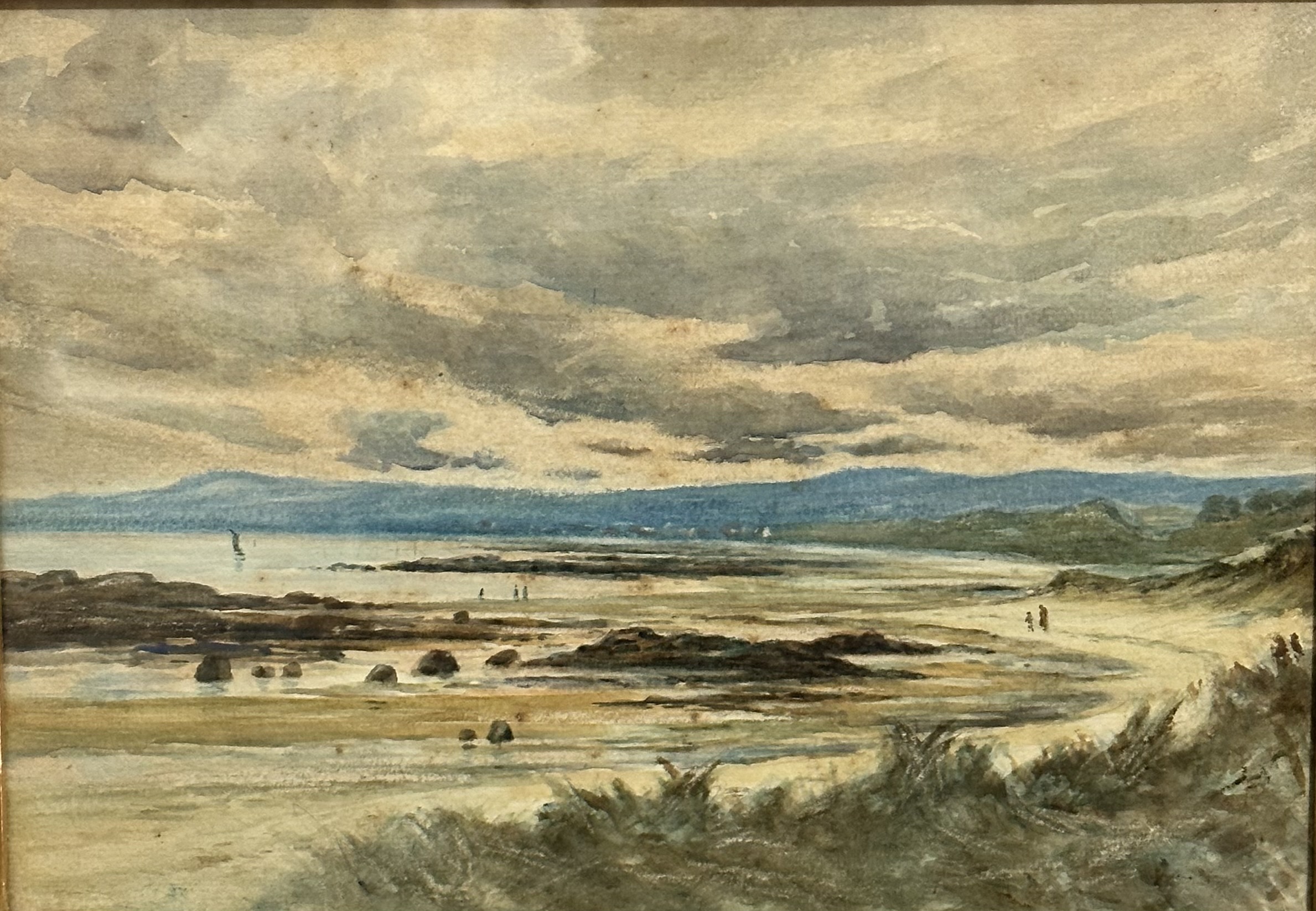 19thc Scottish School, coastal scene with beach and figures, watercolour, unsigned, glazed gilt