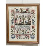 E F J, sewn work panel with cross stitch and running stitch, depicting figures in 18thc style garden