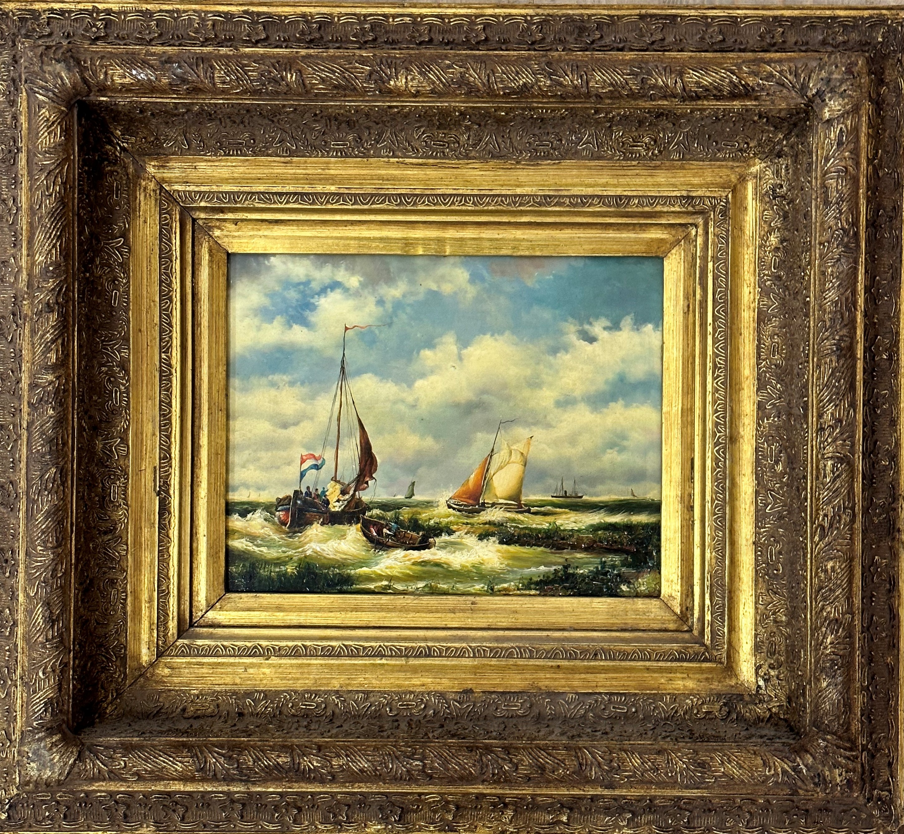 Unknown artist, Dutch Fishermen on Turbulent Sea, oil on board, unsigned, gilt composition frame, (