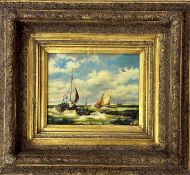 Unknown artist, Dutch Fishermen on Turbulent Sea, oil on board, unsigned, gilt composition frame, (