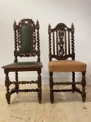 A matched pair of 19th century Carolean style oak side chairs, each with floral carving and spiral