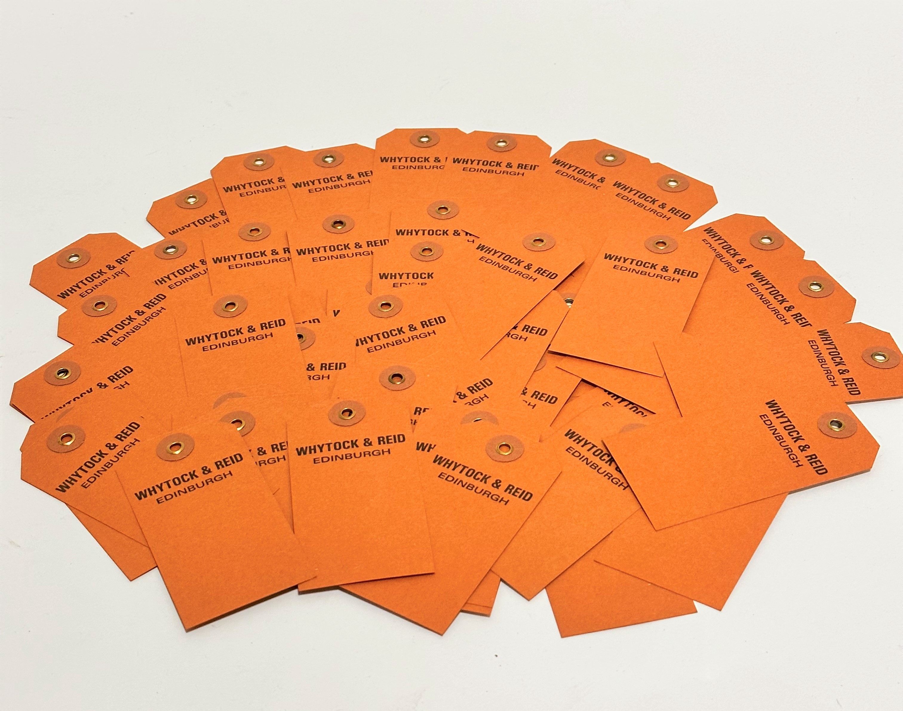 Fifty eight Whytock & Reid Edinburgh original terracotta card furniture tags with printed name, in