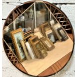 An Art Deco circular framed panelled wall mirror with engraved bronzed glass side panels, (d: 51cm)