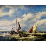 A 19thc reproduction style oil on panel depicting Dutch Fishing Boats off Coast in Stormy Seas,