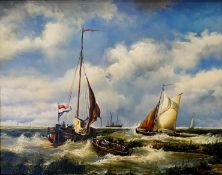 A 19thc reproduction style oil on panel depicting Dutch Fishing Boats off Coast in Stormy Seas,