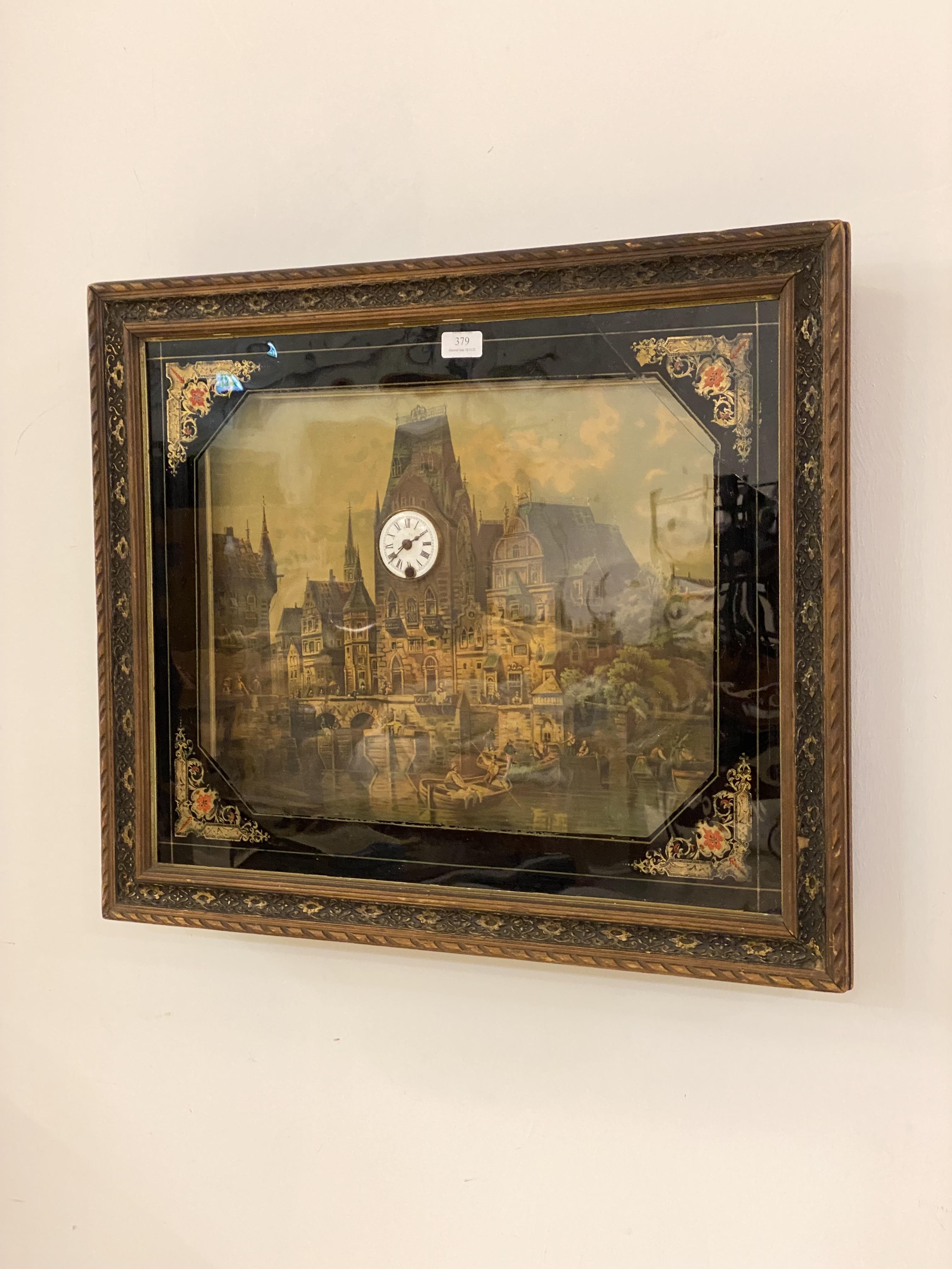 An early 20th century German H.A.C picture clock, the painted panel depicting a water front clock