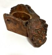 A burr elm carved naturalistic form box with lift out top, inscribed with initials AP verso, (13cm x