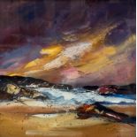 Dronma, Scottish Seascape at Sunset, oil on canvas, signed bottom left, glazed painted frame, (49cm