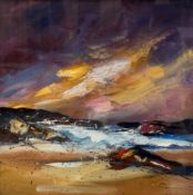 Dronma, Scottish Seascape at Sunset, oil on canvas, signed bottom left, glazed painted frame, (49cm