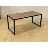 A modern tile top coffee table, raised on black metal square section supports, H45cm, W102cm D51cm