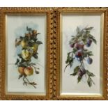 E N B, 19thc paintings on milk glass panels of Damsons and Apples, signed with initials and dated