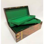 A Victorian walnut brass bound box desk, the hinged top enclosing a green baize lined interior