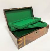 A Victorian walnut brass bound box desk, the hinged top enclosing a green baize lined interior