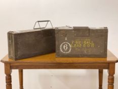 Two plywood ammunition crates, each with carry handles, one stamped WD and with broad arrow, (W61cm,