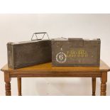 Two plywood ammunition crates, each with carry handles, one stamped WD and with broad arrow, (W61cm,