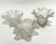 Three various 1900/1920's opaque moulded glass lamp shades with crimped borders, (12cm, 9cm and 9cm)