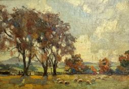 20thc Scottish School, Rural Landscape with Sheep, oil on board, unsigned, gilt moulded frame, (24cm