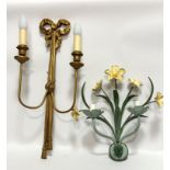 A gilt wood ribbon topped twin branch wall applique with tassels to base, (60cm x 28cm) and a