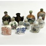 Four various ceramic modern Chinese snuff bottles with transfer printed and enamelled decoration,