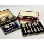 A set of six Birmingham 1930's teaspoons in fitted case, an Edinburgh trefid shaped spoon