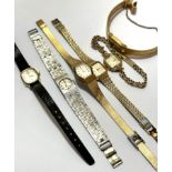 A group of six various lady's wristwatches, on white and yellow metal straps and leather straps, a
