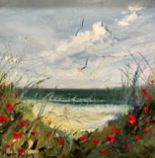 Mark Holden, Coastal Poppies, oil on canvas, signed bottom left, silvered frame, inscribed verso, (
