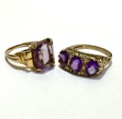 A 9ct gold stepped amethyst cushion cut dress ring mounted in claw setting, amethyst approximately