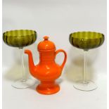A pair of mid century ribbed green glass stemmed dishes on circular spreading foot, (24cm x 15cm)