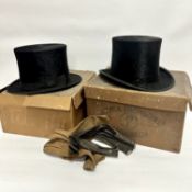 A gentleman's silk top hat complete with cardboard box, a pair of gloves and a Patrick Thompson