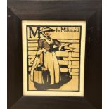 William Nicholson, (1872-1949) M for Milkmaid, coloured woodblock engraving on paper, ebonised