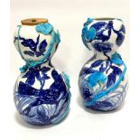 A pair of ceramic double gourd shaped china vases in the Minton style, with handpainted bird and