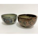 An Ian Denniss of Eglemont Cumbria stoneware pottery bowl with brown and green checkered design,