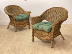 A pair of Vintage wicker verandah armchairs, each with squab cushion, H83cm, W84cm, D66cm