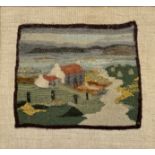 A tapestry panel of a Highland Croft with various bouccle appliques, mounted on linen, gilt
