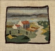 A tapestry panel of a Highland Croft with various bouccle appliques, mounted on linen, gilt