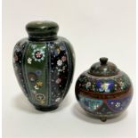 A Chinese white metal Cloisonne tapered tea caddy complete with inner lid and cover, decorated