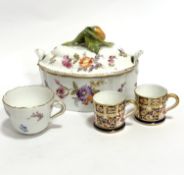 A German porcelain shaped tureen with floral knop and hand decorated floral sprays with lug