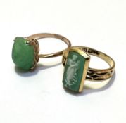 A 9ct gold green jadeite cabuchon ring, mounted in claw setting, signs of glue to mount, size Q, and