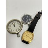 A gentleman's Longines yellow metal quartz wristwatch with baton hour markers and date aperture, (