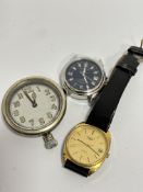A gentleman's Longines yellow metal quartz wristwatch with baton hour markers and date aperture, (