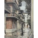 Paul de la Fille, A View of a Street in New Orleans, print highlighted with colour, glazed gilt