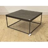 A contemporary coffee table, the mardwood top on a steel square section base, H40cm 80cm x 80cm
