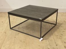 A contemporary coffee table, the mardwood top on a steel square section base, H40cm 80cm x 80cm