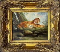 Unknown artist, Tiger, oil on panel, unsigned, gilt composition frame, (19cm x 24cm)