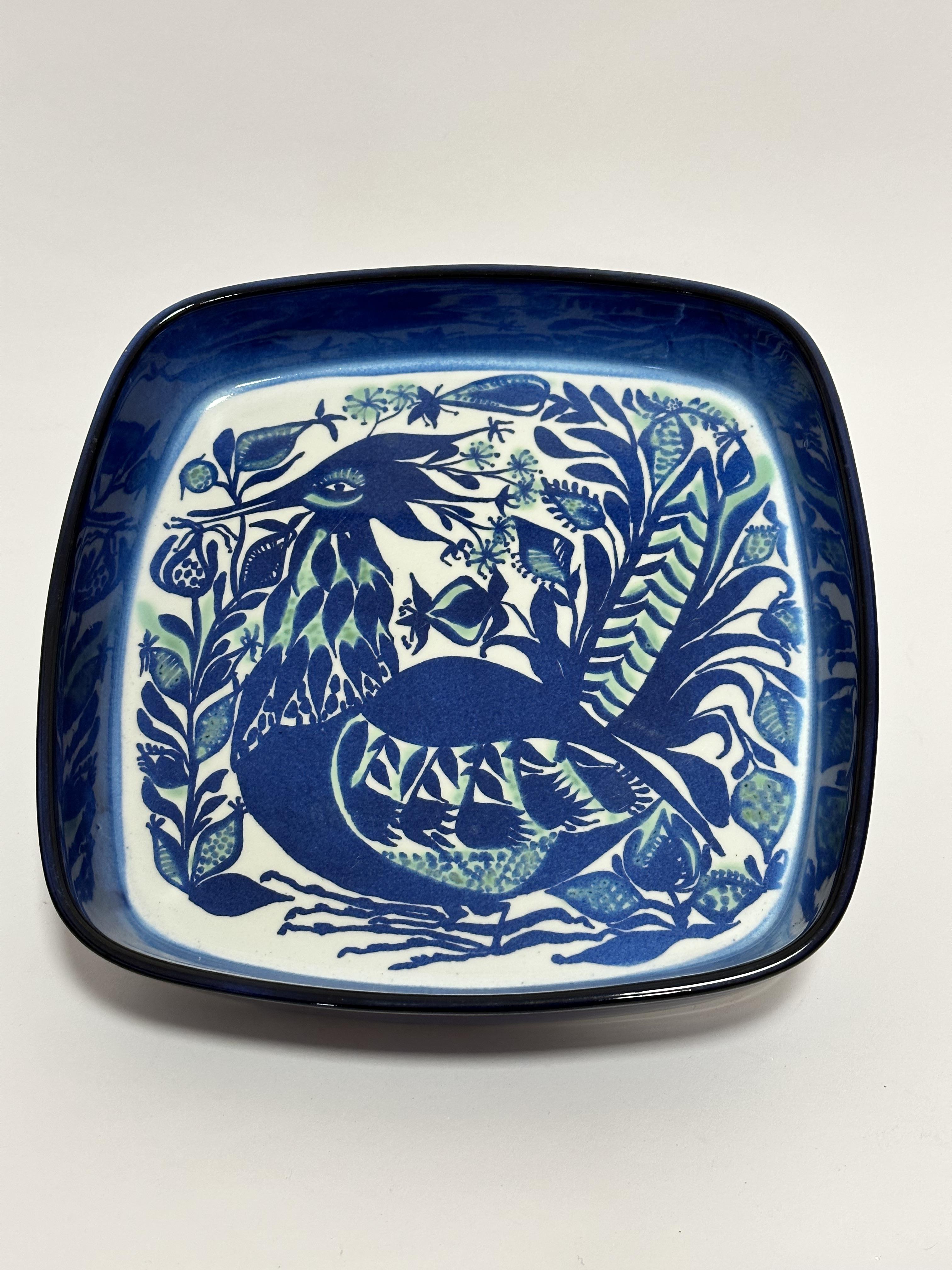 A Danish Royal Copenhagen Fajance design square shaped serving dish, with blue bird style decoration