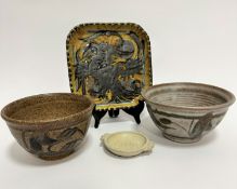A Wolf House Gallery pottery sugar basin with leaf scrolling design and brown glaze, (9cm x 15cm)