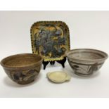 A Wolf House Gallery pottery sugar basin with leaf scrolling design and brown glaze, (9cm x 15cm)