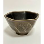 A 1920s / 30's Copenhagen octagonal bowl with scrolling linear and S scroll design, brown glazed,