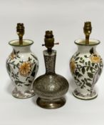 A pair of Constancia Portuguese pottery baluster vase table lamps, decorated with chrysanthemum